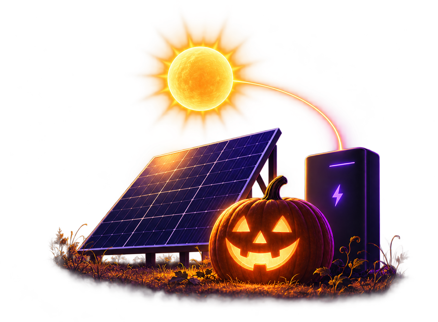 Illustration of sunshine, solar panels, battery storage and a glowing Halloween pumpkin